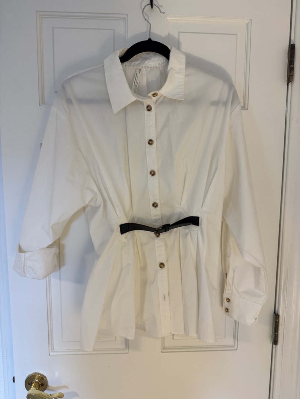 Anthropologie White Button-Front Peplum Blouse with Black Belt